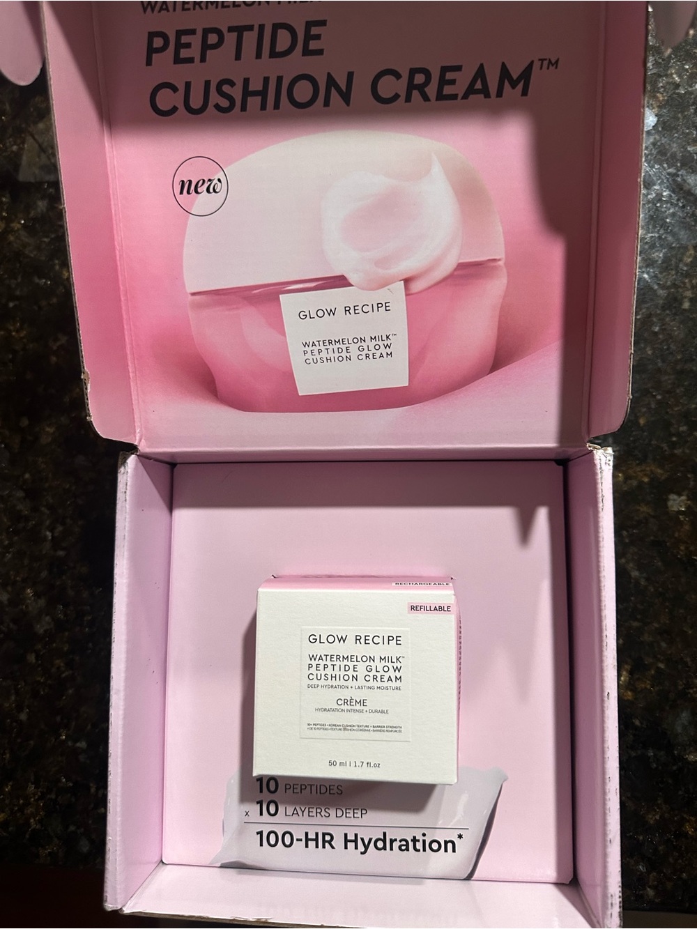 Glow Recipe Pink Watermelon Milk Peptide Cushion Cream Jar and Promo Card